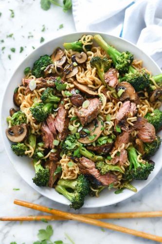 Ramen Noodles with Marinated Steak and Broccoli