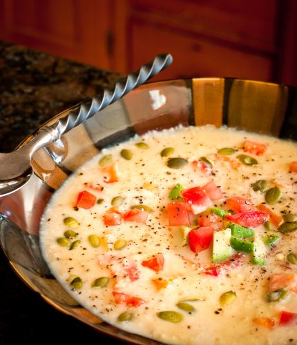 Raw Corn Chowder With Pumpkin Seeds, Tomato And Avocado