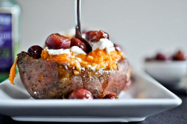 roasted grape, goat cheese & honey stuffed sweet potatoes