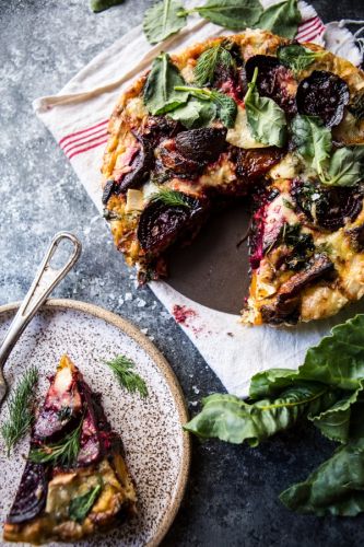 Roasted beet, baby kale and Brie quiche