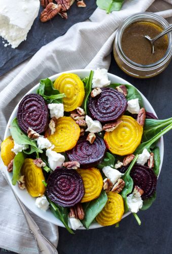 Roasted beet spinach and goat cheese salad