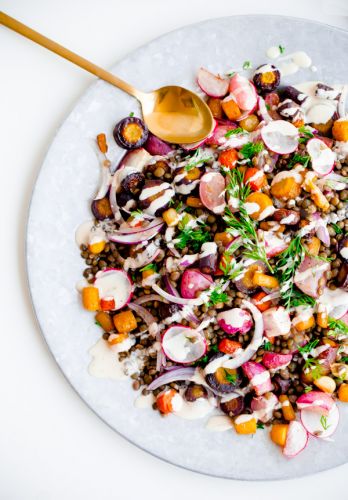 Roasted carrot lentil salad with tahini dressing