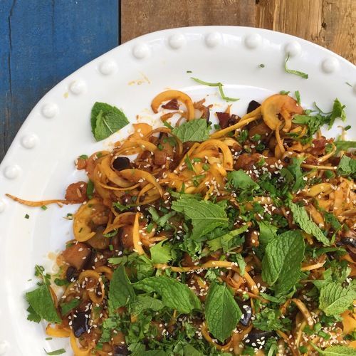 Gochujang rutabaga noodles with garlic, eggplant and torn mint