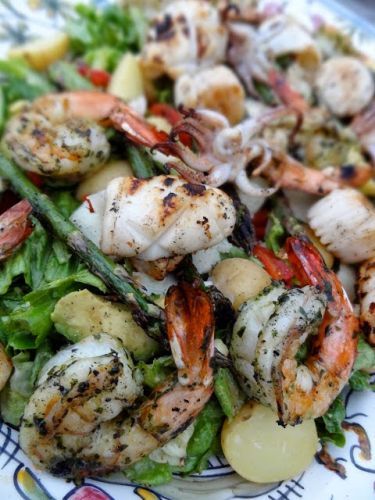 Grilled Seafood Salad With Avocado And Asparagus
