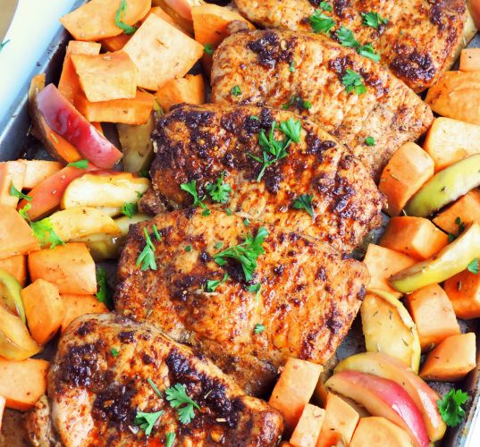 Sheet Pan Honey Glazed Pork Chops with Sweet Potatoes & Apples