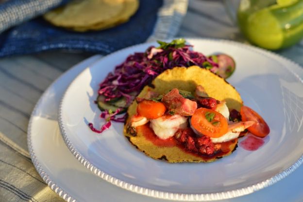 Shrimp Tacos with Tomato-Raspberry Salsa