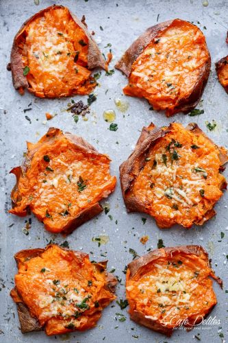 Garlic Butter Smashed Sweet Potatoes With Parmesan