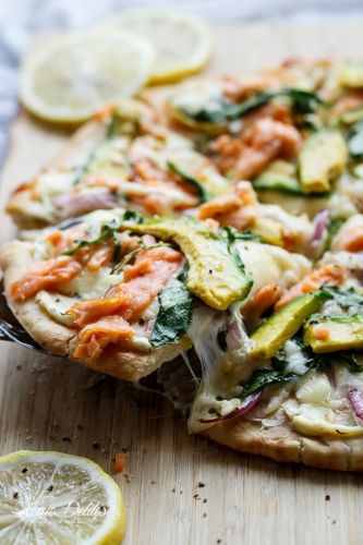 Smoked salmon and avocado pizza
