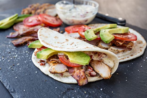 Smokey chicken flatbreads with bacon and avocado