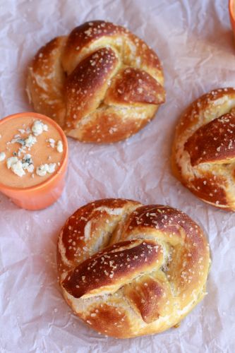 Soft pretzels with buffalo cheddar cheese sauce