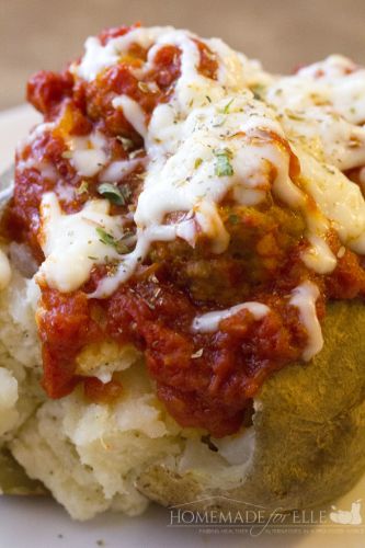 Meatball stuffed baked potatoes