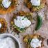 Spinach, Artichoke, and Corn Fritters with Brie and Sweet Honey Jalapeno Cream