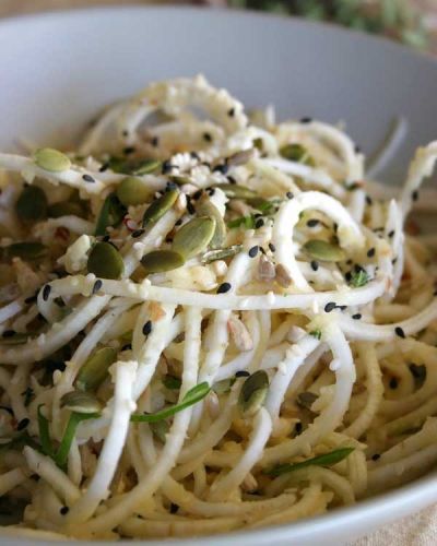Celeriac pasta with walnut and apple sauce