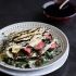 Steak, spinach and mushroom crepes with balsamic glaze