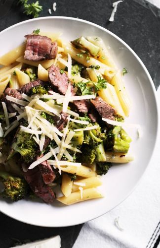 Steak and Blue Cheese Pasta with Roasted Broccoli