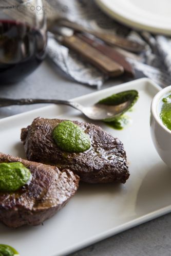 Sirloin Steaks with Spinach Horseradish Pesto