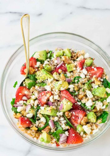 Strawberry farro salad with avocado and feta