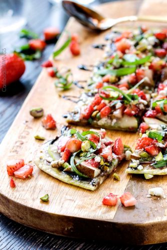 Strawberry, pear and pesto flatbread with balsamic reduction drizzle