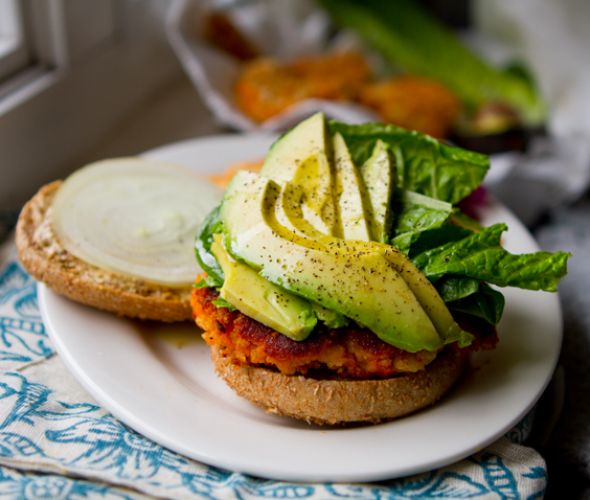 Sweet potato veggie burgers with avocado
