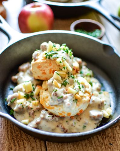 3-Ingredient Cheesy Biscuits with Apple Sausage Gravy