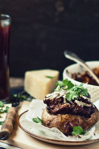 Beef Shoulder and Black Bean Chili stuffed Baked Potatoes
