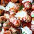 Turkey meatballs in spicy tomato basil sauce with burrata