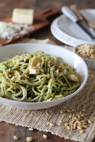 Turnip pesto pasta with artichoke hearts and kale