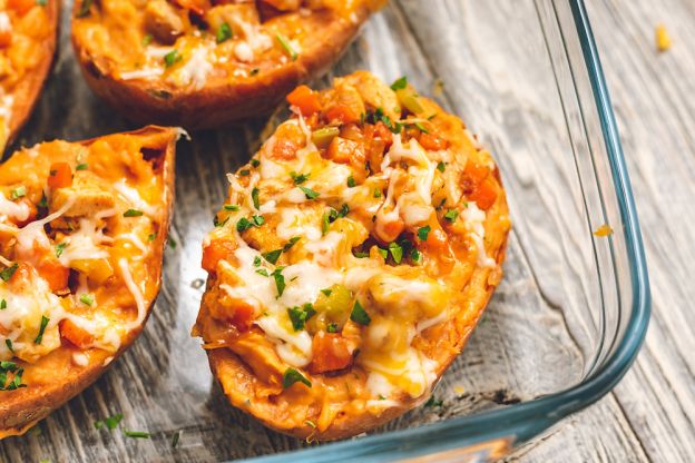 Twice Baked Buffalo Chicken Sweet Potatoes