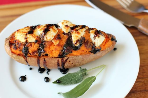 Twice Baked Cranberry & Pancetta Sweet Potatoes With Balsamic Glaze