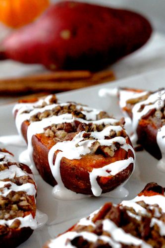 TWICE BAKED SWEET POTATOES WITH BACON PECAN STREUSEL AND MARSHMALLOW DRIZZLE