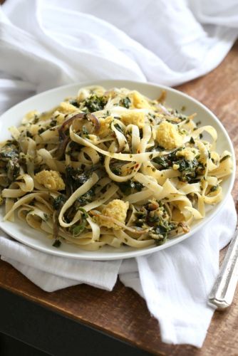 Fettucine With Caramelized Onions, Greens And Vegan Feta