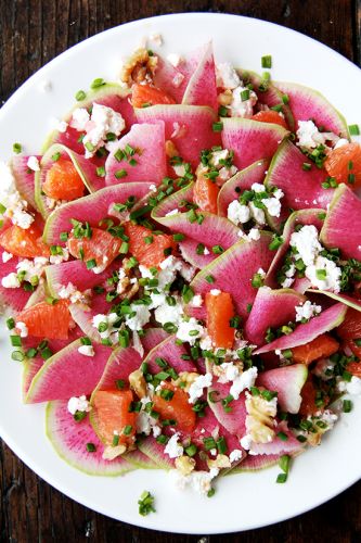 Watermelon radish, orange and goat cheese salad