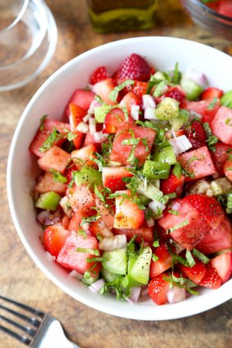 Watermelon, strawberry and tomatillo salad
