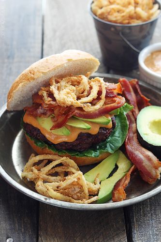 WESTERN BACON BURGERS WITH BBQ MAYO AND CRISPY ONION STRINGS