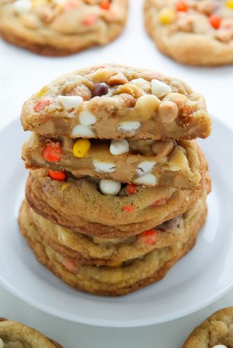 WHITE CHOCOLATE REESE’S PIECES PEANUT BUTTER CHIP COOKIES