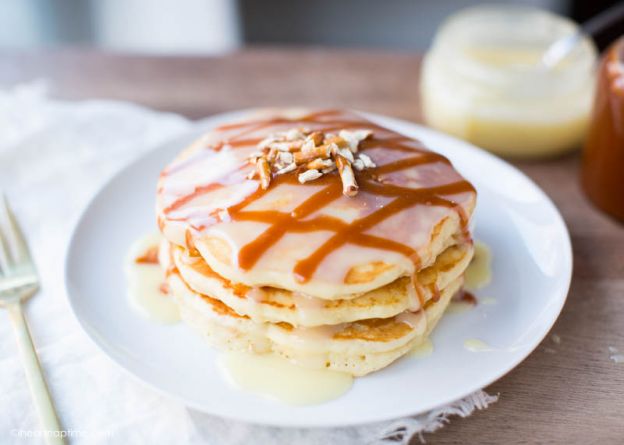 White chocolate & caramel pretzel pancakes
