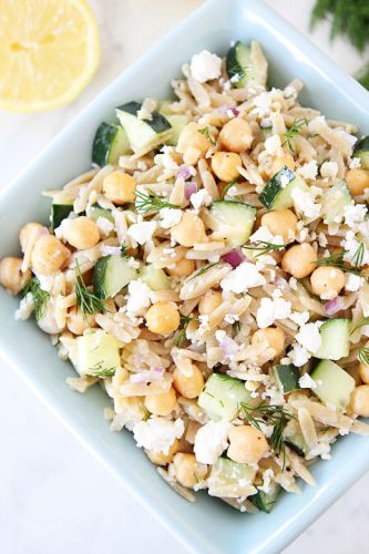 Orzo salad with chickpeas, cucumbers, lemon, dill and feta