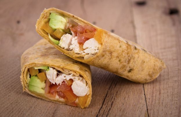 Avocado, chicken, tomato and hummus wrap