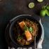 Asparagus and zucchini stir fry with salmon and soba noodles