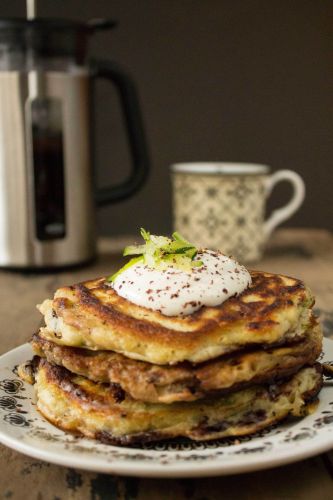 Zucchini and dark chocolate chunk pancakes with maple yogurt