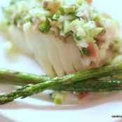 Green apple and prosciutto salsa over cod