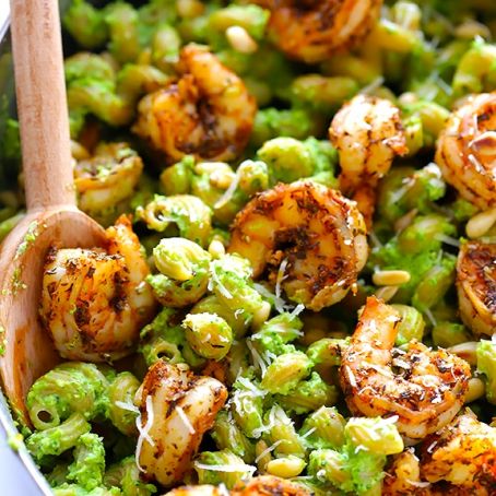 Asparagus-Spinach Pesto Pasta with Blackened Shrimp