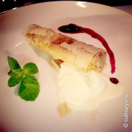 BAKLAVA CIGARILLAS with VANILLA ICE CREAM AND BLUEBERRIES