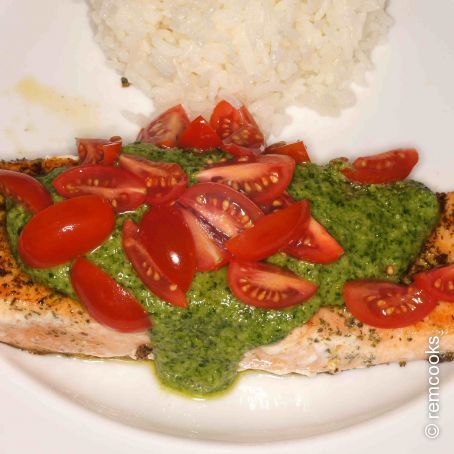 Herb Crusted Salmon with Arugula Citrus Pesto and Grape Tomatoes