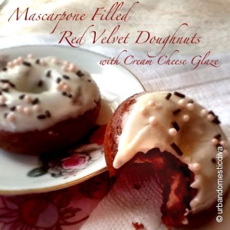 Mascarpone Filled Red Velvet Doughnuts with Cream Cheese Glaze