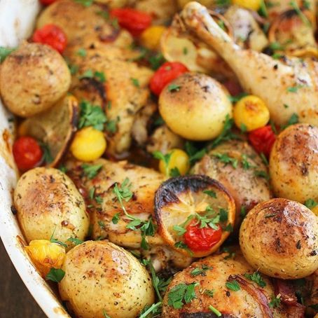 easy roasted lemon chicken with tomatoes and potatoes