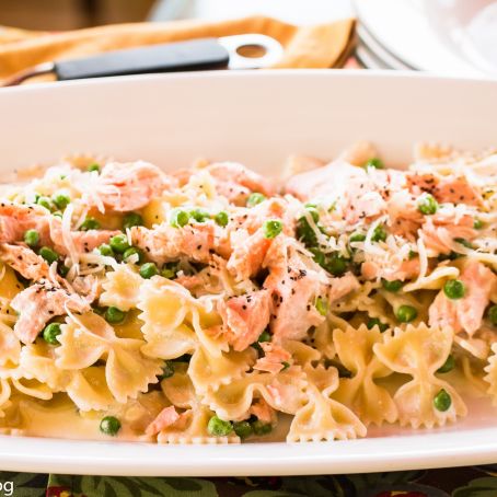 Wine Poached Salmon, Peas, Bow Tie Pasta in White Sauce