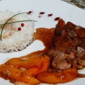 Duck breast with peaches, honey and balsamic vinegar sauce