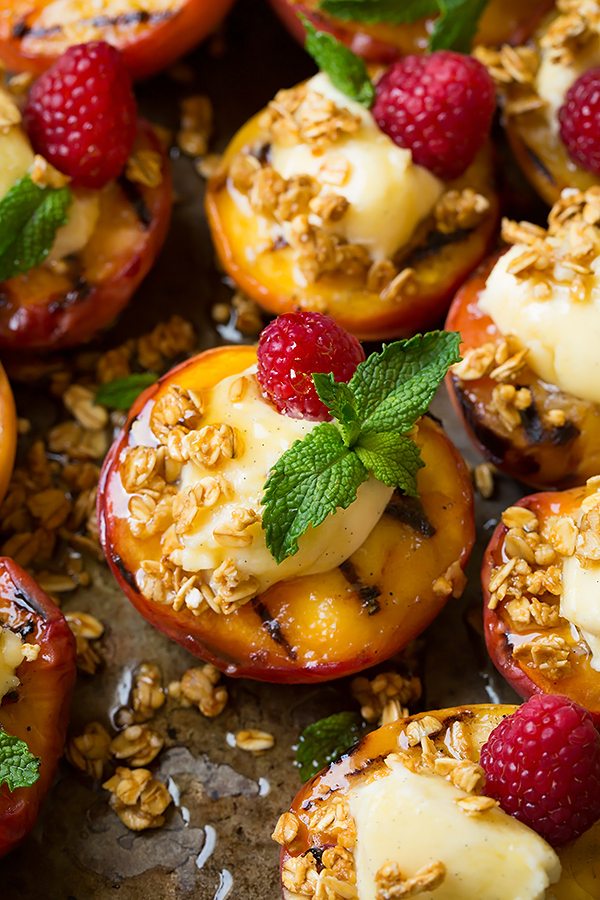 Grilled Peaches with Vanilla Bean Mascarpone, Honey and Granola