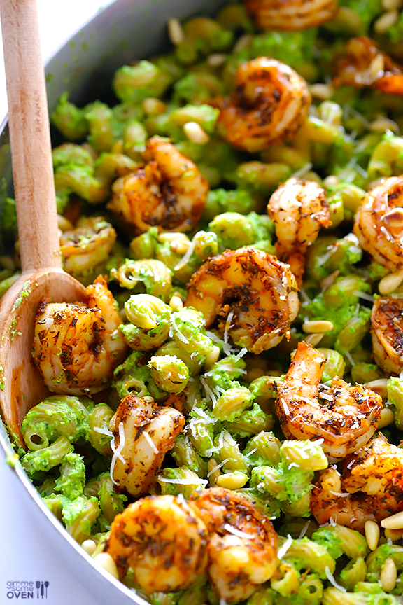 AsparagusSpinach Pesto Pasta with Blackened Shrimp Recipe